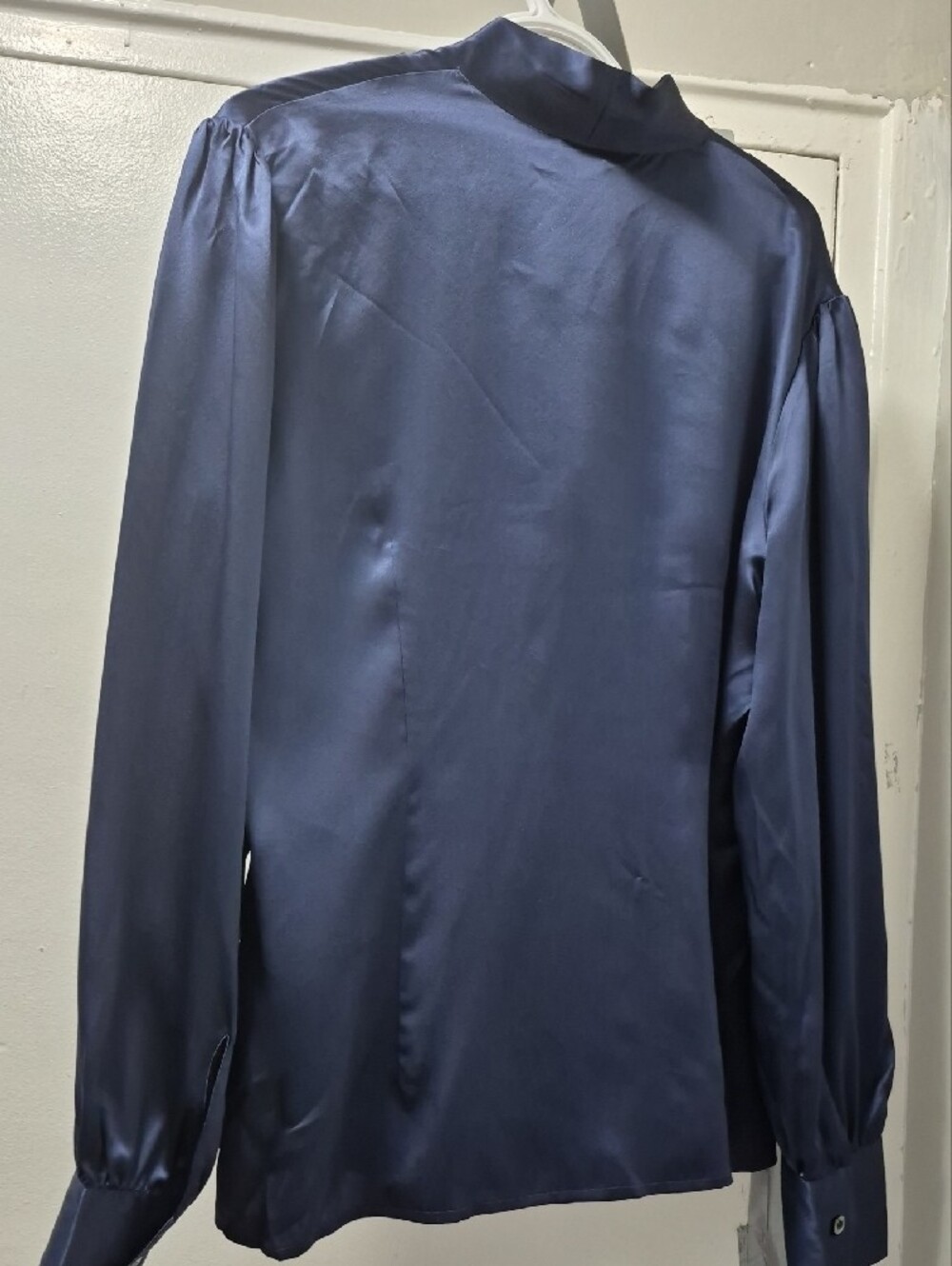 Silk Navy V-Neck Single-Button Blouse - Picture 2 of 4